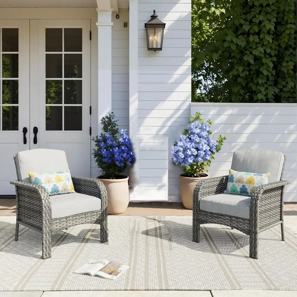 Juego de bistró de mimbre para exteriores de 2 piezas con respaldo alto y sillas grises para todo tipo de clima