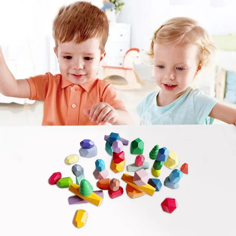 

Wooden Stacking Rocks 38 Pcs Polyhedral Stacking Rocks Colorful Learning Polyhedral Building Blocks For 1-6 Year Old Boys And