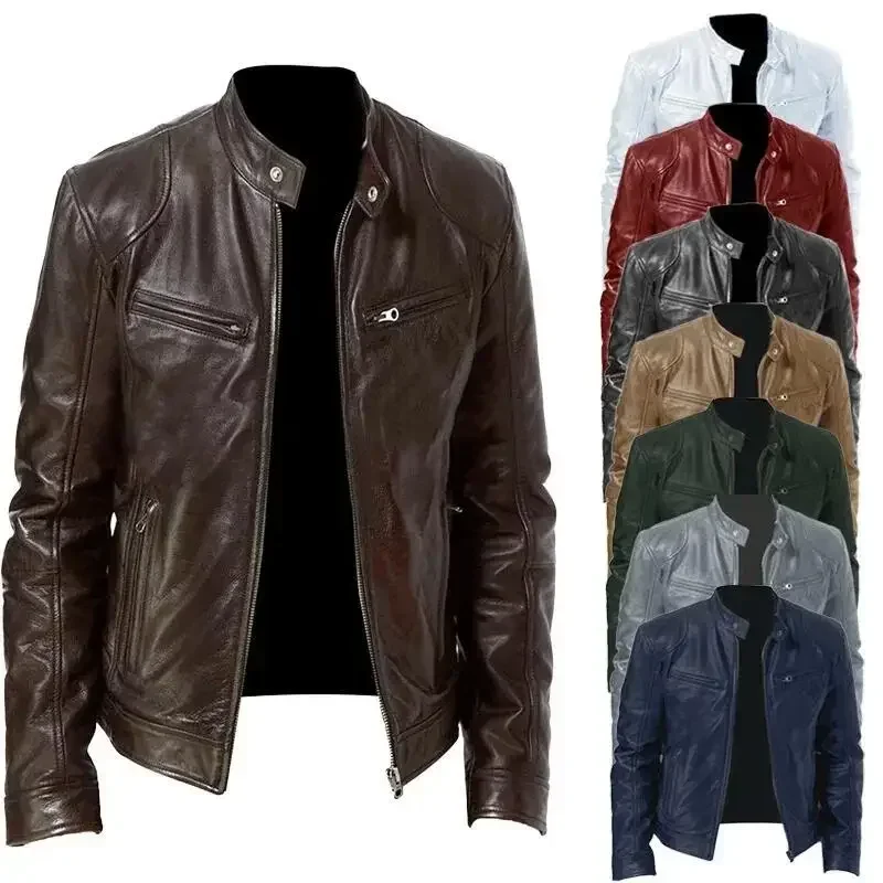 Motorcycle Leather Jacket Mens Slim Fit Lapel PU Jackets Autumn Winter Zipper Windproof Casual Leather Coat Men Clothing