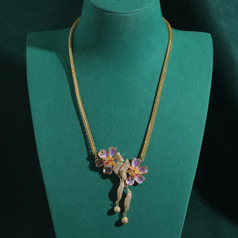 

Vintage Purple Butterfly Necklace Enamel Orchid Flower Rhinestone Pendant Accessories For Women Luxury Designer Jewelry 2025