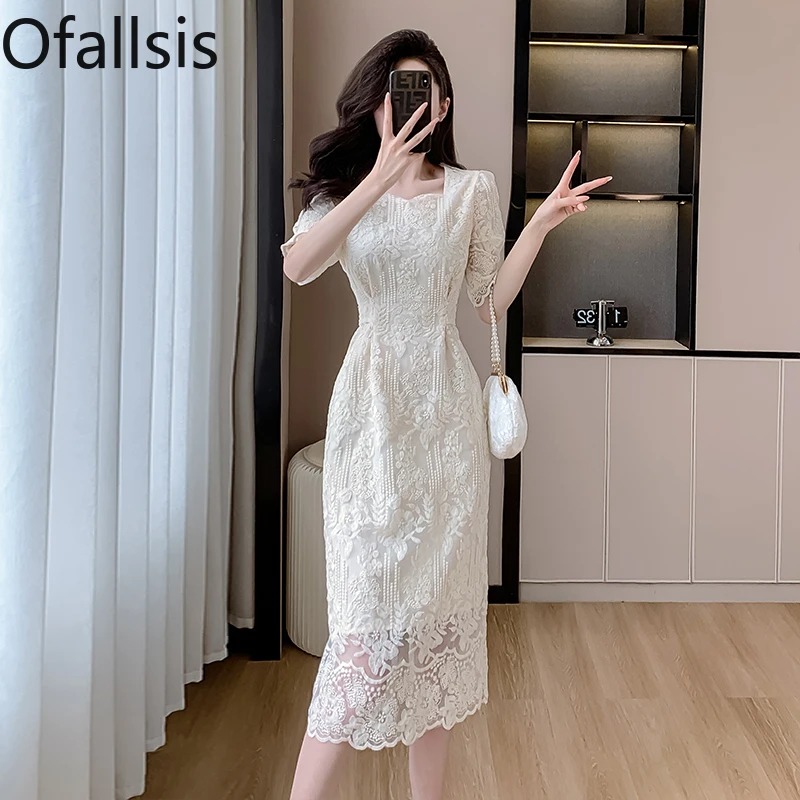 Ofallsis French Fairy Lace Embroidered Chiffon Dress 2024 Summer New Gentle High Quality Temperament Waist Slim Evening Dresses