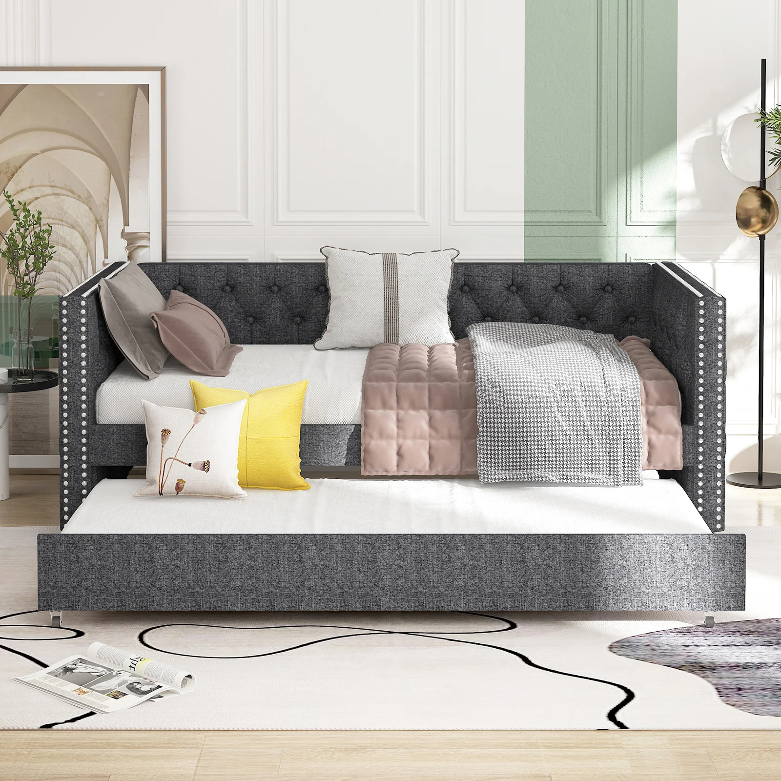 HORGAEO Daybed with Trundle, Space Saving Pull Out Sleeper Sofa Bed, Button Tufted Couch Bed with Riveted Design