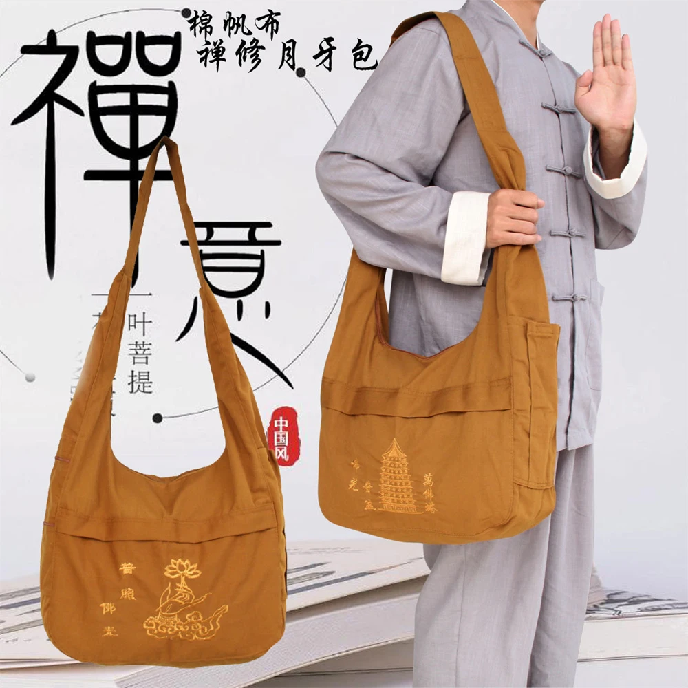 1pcs Buddhist Supplies Meditation Monk Pack Bags Lay Canvas Zipper Shoulder Bag Satchel Crescent Package Men Boy Gift