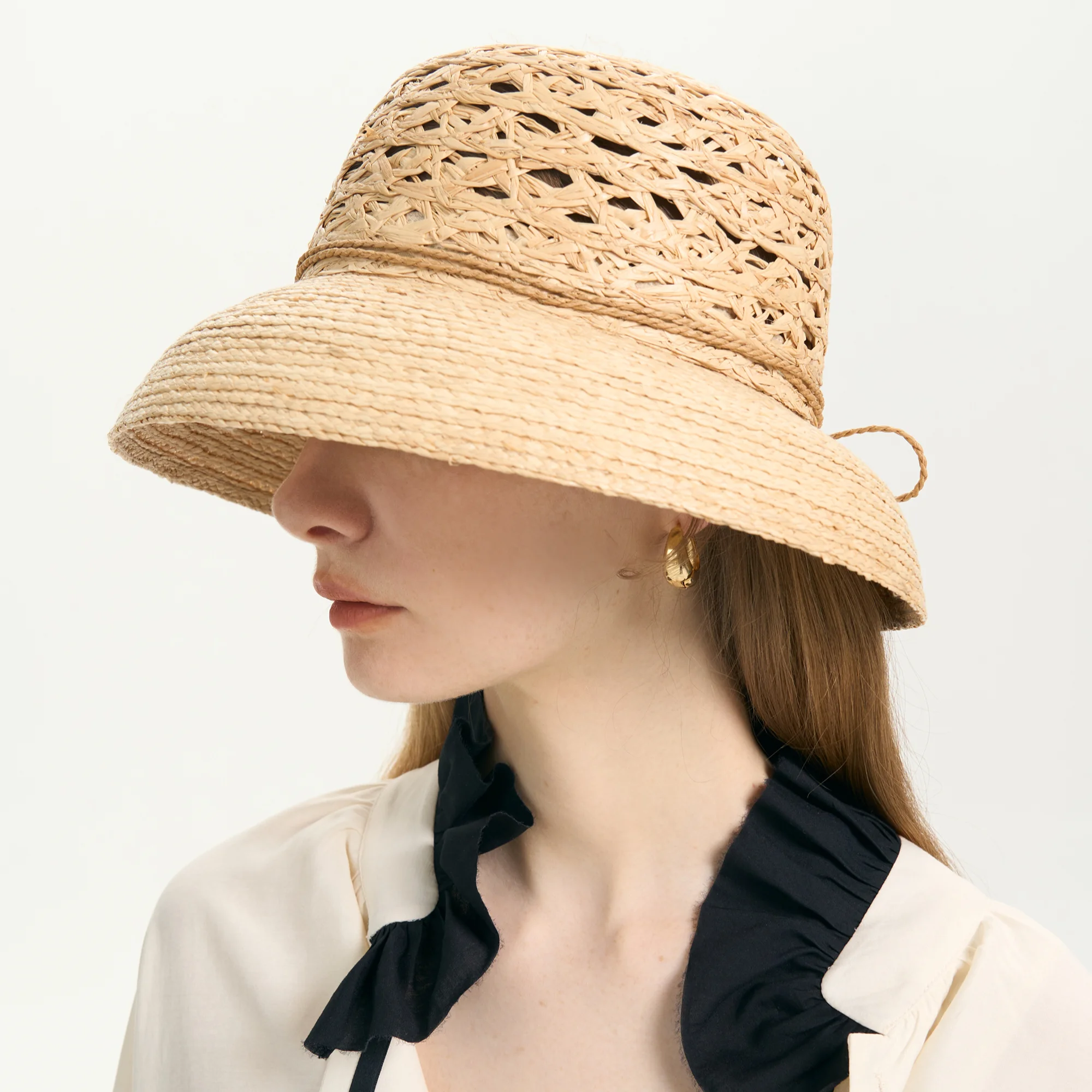 USPOP Hand-woven Hollow Raffia Straw Hat for Women Bow Knot Beach Sun Hat