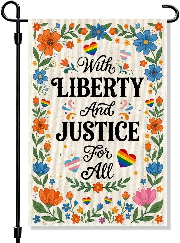 With Liberty and Justice for All Garden Flag, Liberal Garden Flag for Outside, 12x18 Inch Double Sided Floral Decorative Yar PPZ