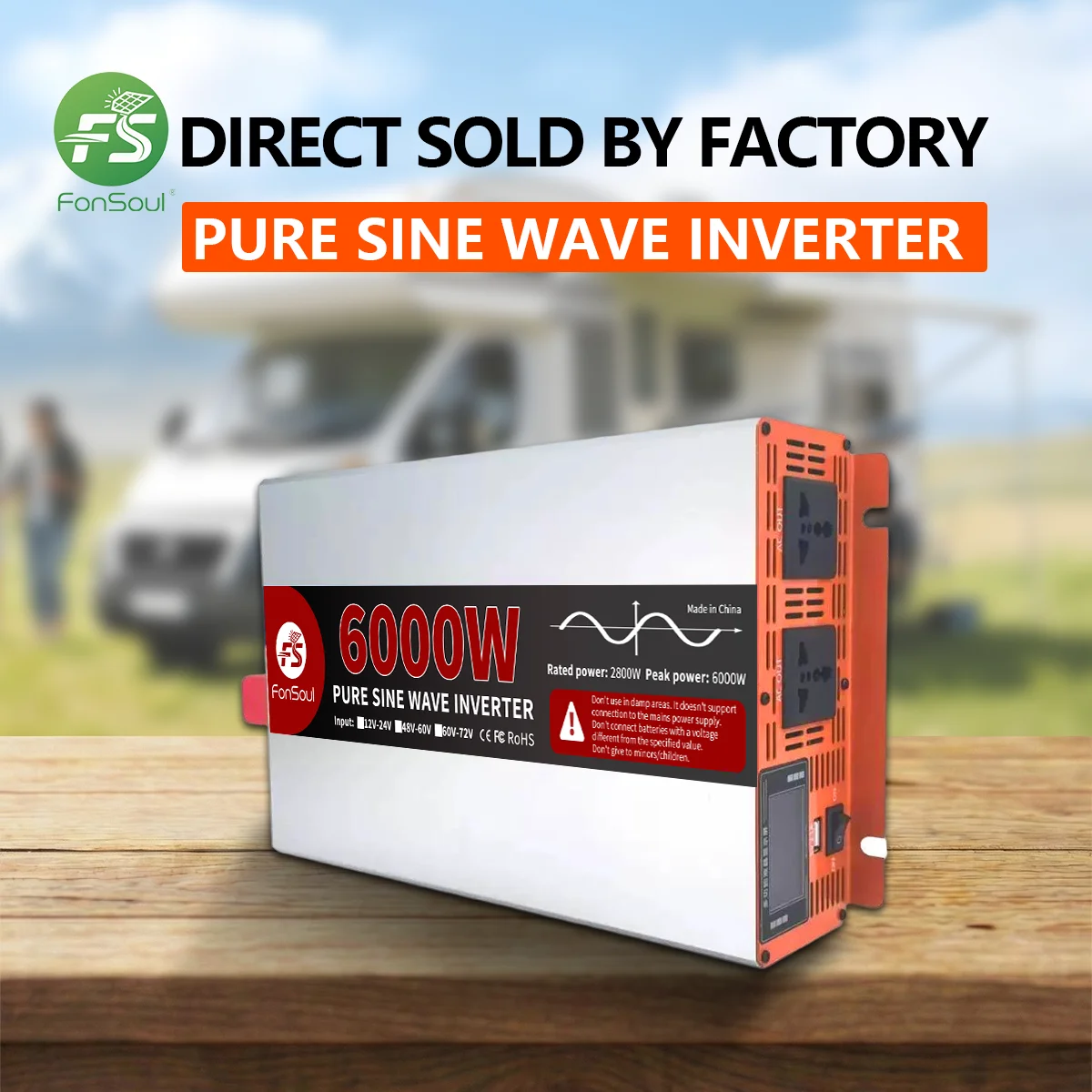Fonsoul Dual Voltage 6000W Pure Sine Wave Inverter 12V-24V to 220V Car LCD 2 Universal Sockets Home Emergency Outdoor Camping