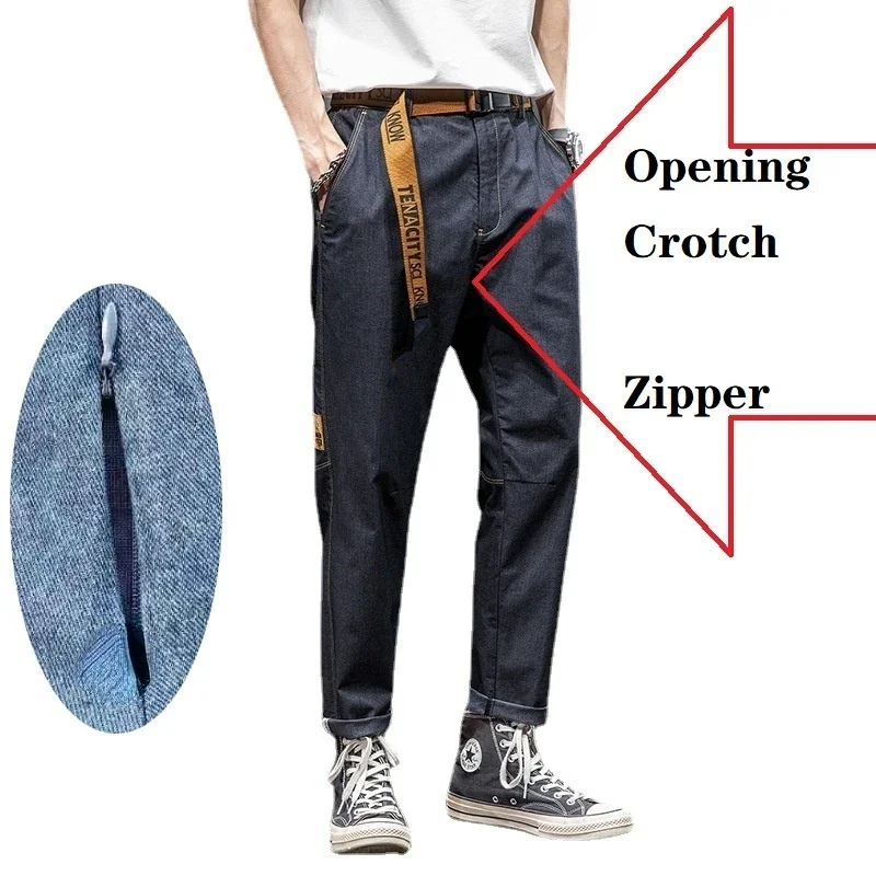 Open-Seat Pants Men\'s Sexy Headed Zipper Outdoor Dating Crotch Full Open Outdoor Convenient Pants Men Hip Hop Pants