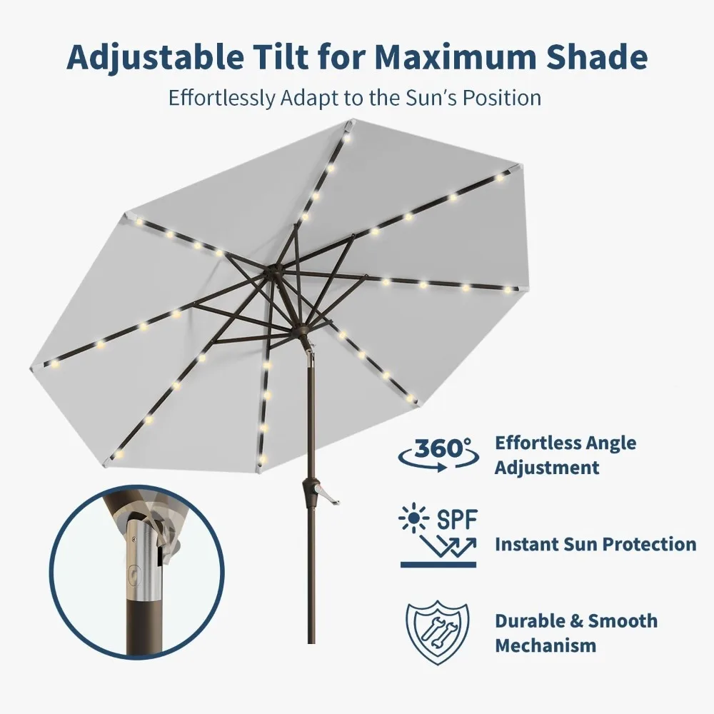 9FT Solar LED Patio Umbrella with Tilt & Crank, Light Gray, UV-Resistant, Waterproof, for Pool & Garden