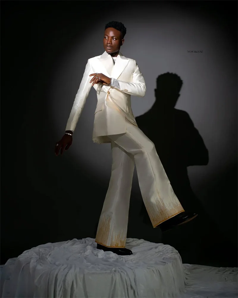 

White Satin Men Suits Set 2 Pcs Blazer+Pants Trousers Gold Beaded Wedding Tuxedo Formal Office Business Groom Jacket Coat