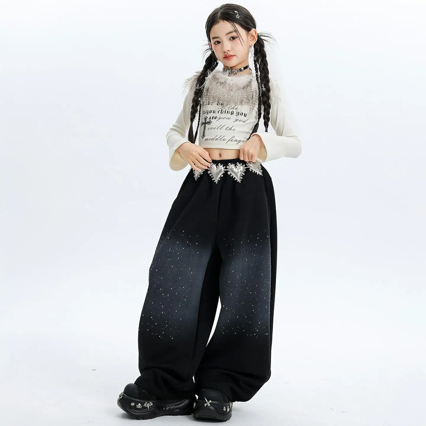 Girls Hip Hop Apricot-colored fur collar Top Street Dance Fashion Black diamond pant Streetwear Group Jazz Costumes Clothes Sets