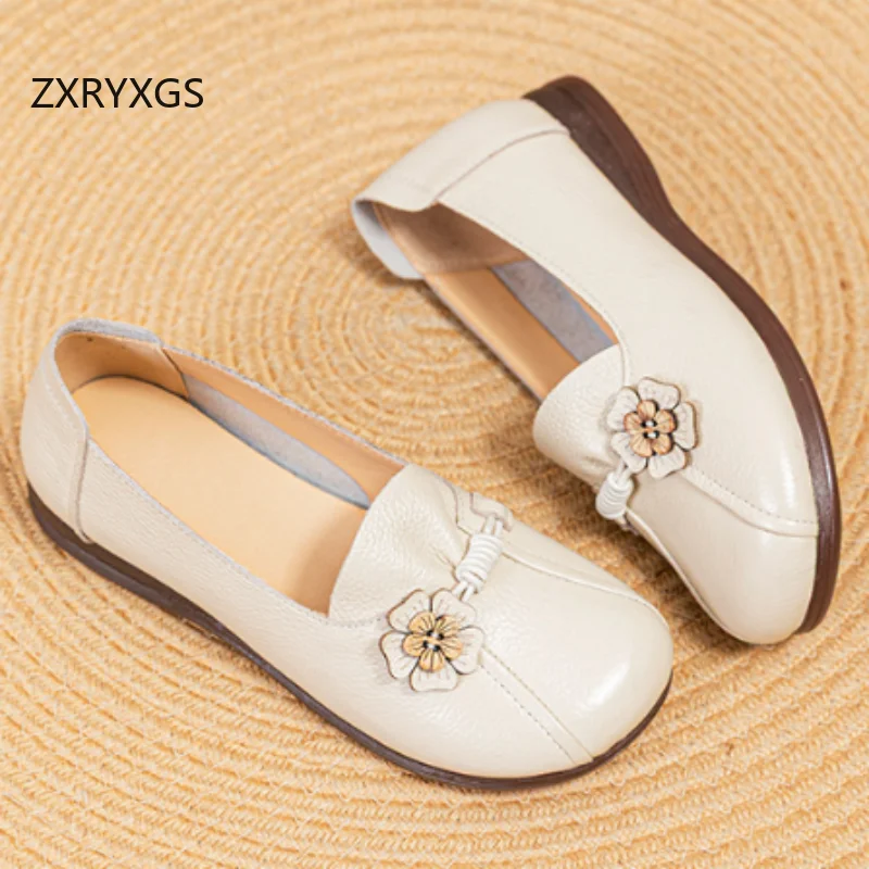ZXRYXGS 2026 New Premium Cowhide Flowers Shoes Mother's Fashion Shoes Autumn Soft Sole Non-slip Comfortable Shoes Women's Flats