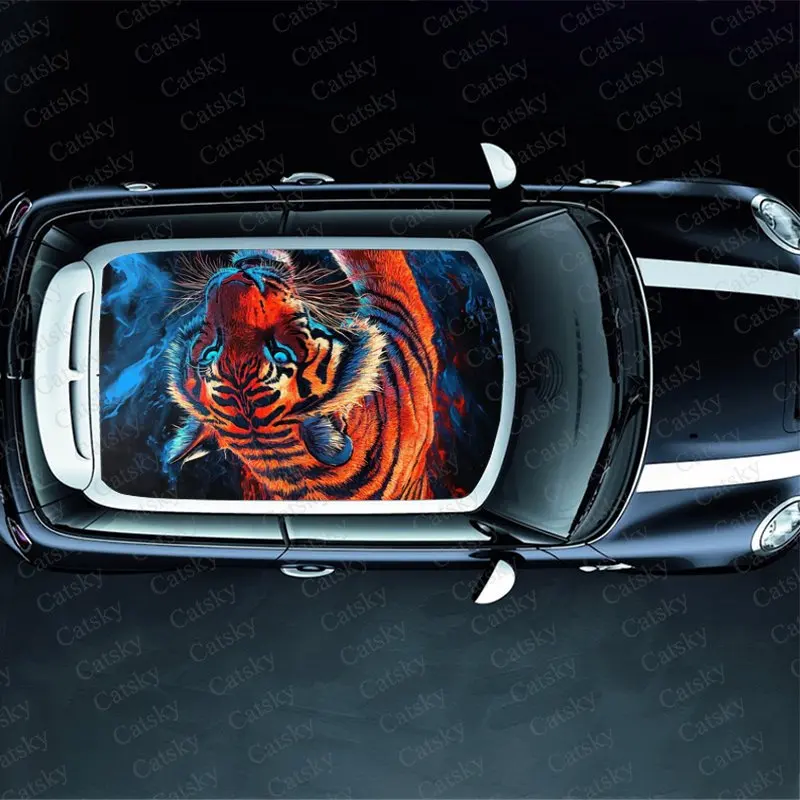 Blue Eyed Galaxy Tiger Print Car Roof Sticker Wrap Racing SUV Auto Accessories Packaging PVC Car Hood Graphic Decal Decoration