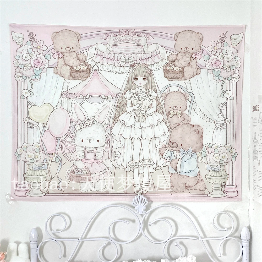 Cute Bedhead Tapestry Cartoon Girl Wedding Dress Rabbit Bear Printed Hanging Cloth Background Cloth Bedroom Home Pink Tapestry
