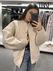 TRAF Women Fashion With Pockets Oversized Bomber Jacket Coat Vintage Long Sleeve Snap Button Female Outerwear Chic Tops