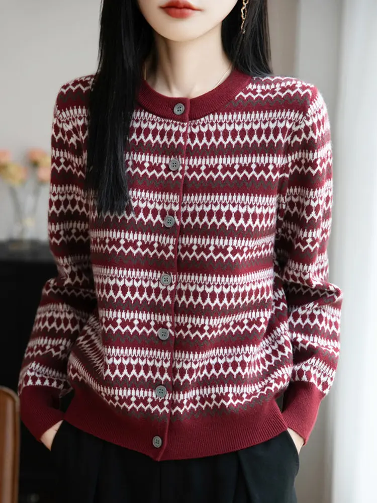 Retro Knitted Woolen Cardigan Women's round Neck Striped Sweater Outerwear Fair Isle Style Open Front Warmth Fashionable