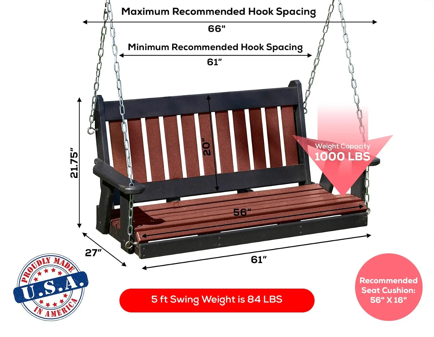 Poly Lumber 5FT Porch Swing Stainless Steel Hardware 1000 Lbs Outdoor Patio Backyard Garden Park, Customized
