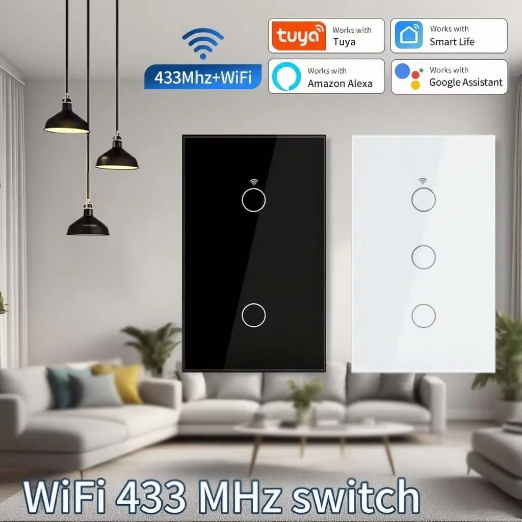 

Tuya WiFi 433MHz Smart Switch US Standard Neutral/No Neutral Required 1/2/3gang Lights Touch Switch Works with Alexa Google Home