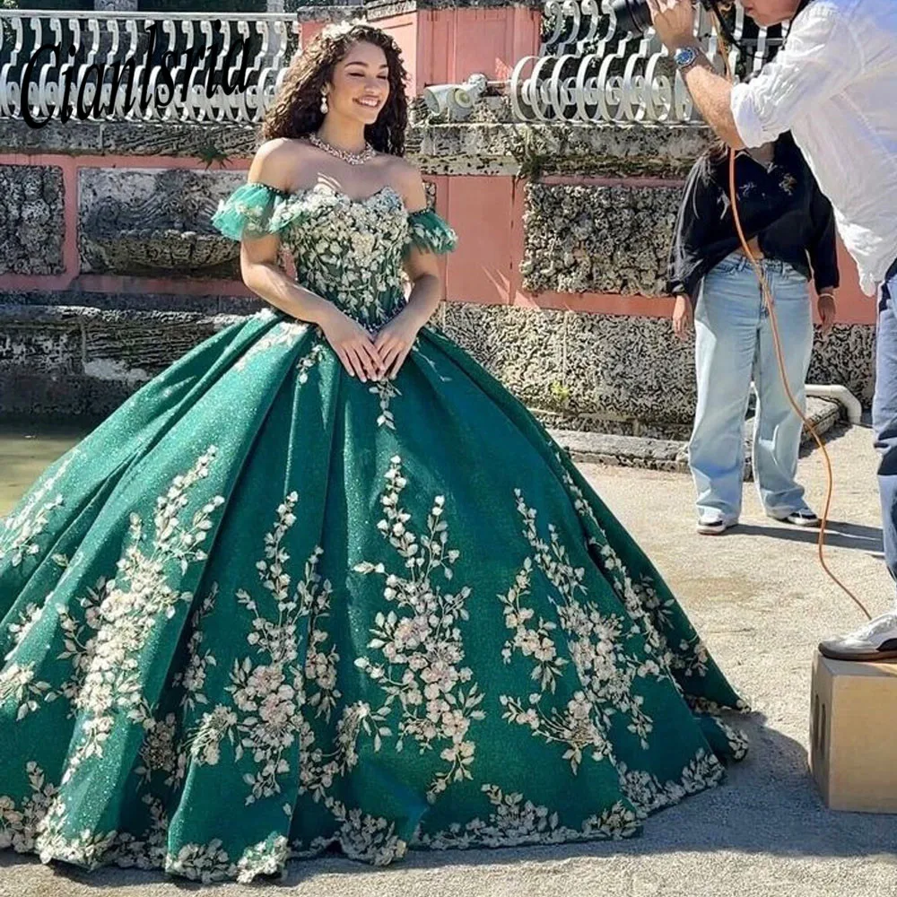 Vestidos de quinceañera verde, apliques de flores, fiesta de cumpleaños, graduación, desfile, Miss Gala, 15, 16 años