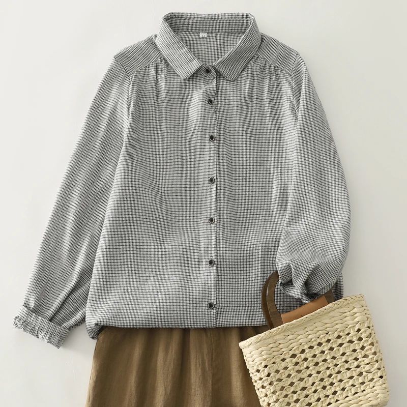 Casual Sle Plaid Long Sve irt Feminino Fino Algodão Poliéster Mistura Loose Fit Botão Up Boneca Gola Versátil Primavera Aut...