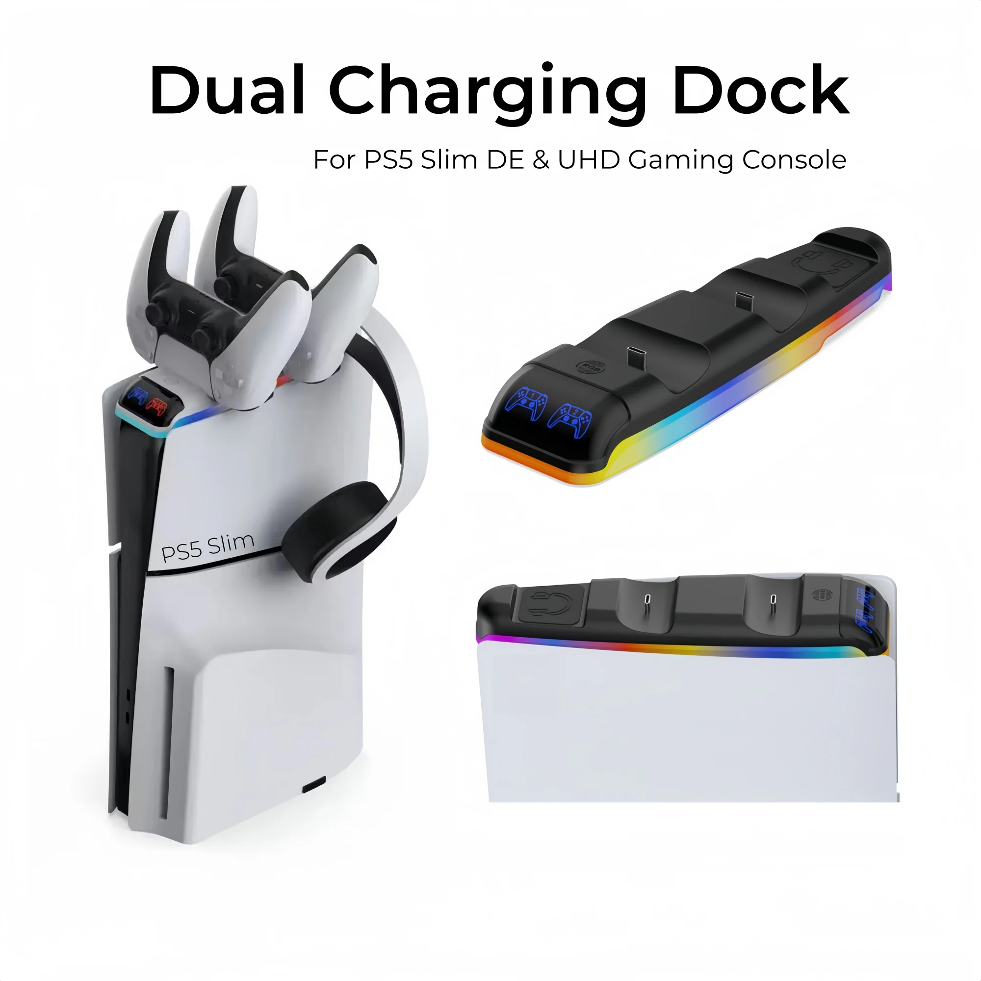RGB Light Charging Dock For PS5 DualSense Wireless Controller, Console Top Charger Station For PS5 Slim Game Console Accessory