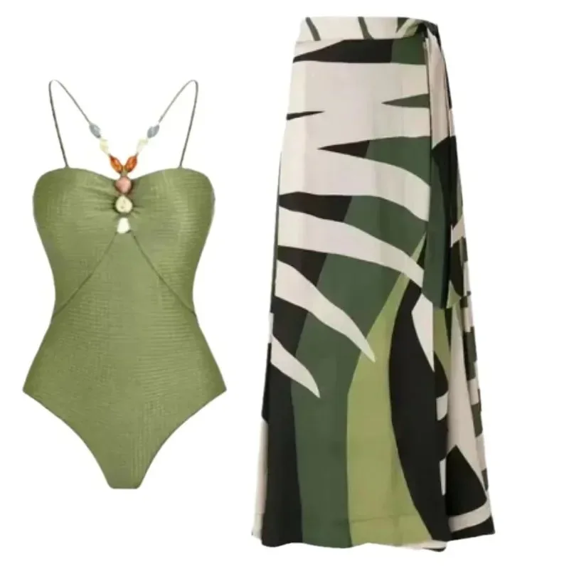 2026 New Women's One-Piece Swimsuit Bead Print Beachwear Slimming Sexy Sun Protection Skirt Bikini Set Fashionable And Elegant