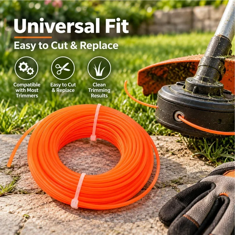 15/60M String Trimmer Line Nylon Weed Eater String Orange Replacement Cutting Line Electric Gas Trimmers Lawn Grass Weed Garden