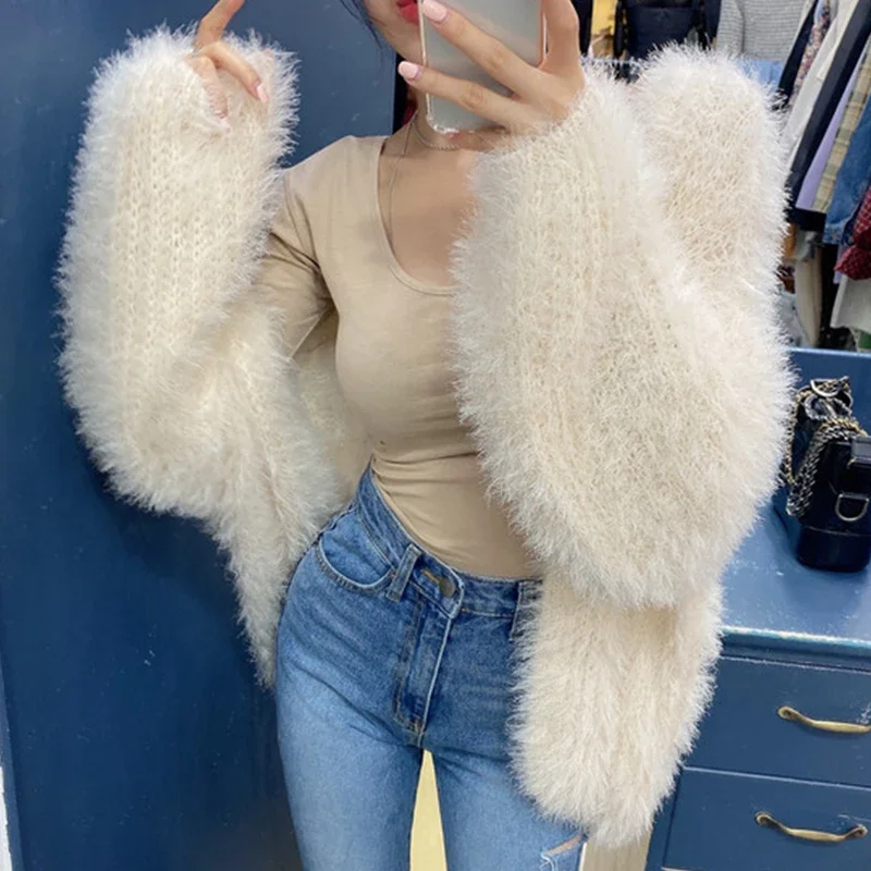 Winter Elegant Women V-Neck Mohair Sweater Coat Mink Cashmere Knitwear Tops Soft Loose All-match Lantern Sleeve Cardigan