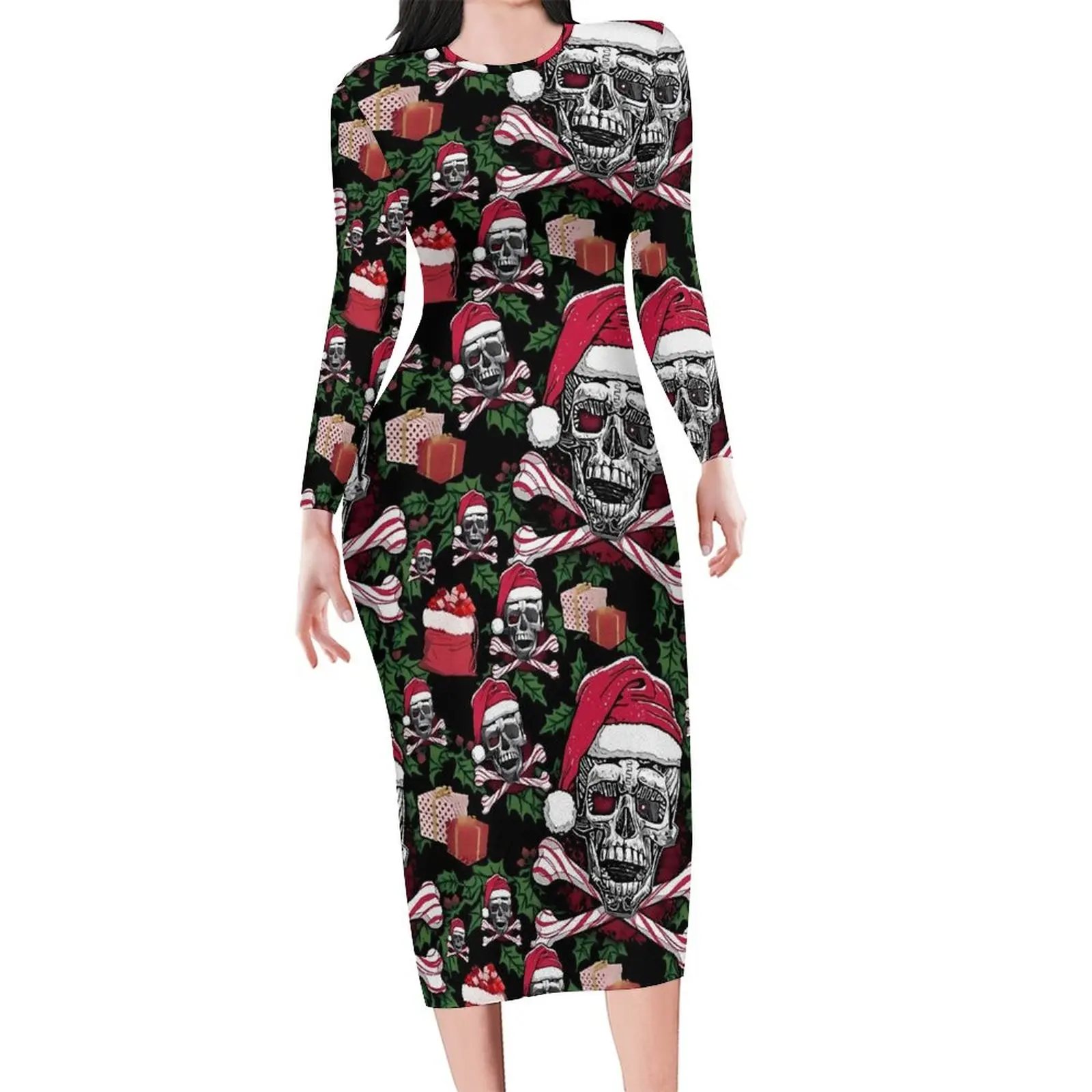 Vestido de manga larga con calavera cruzada para mujer, bastones de caramelo, sombrero de Papá Noel, vestido Bodycon Sexy, ropa de gran tamaño de diseño, moda de otoño