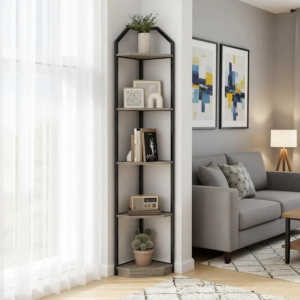 

70 Grey Metal 5-Tier Shelving Unit for Books, Plants, and Home Decor in Living Room, Bedroom, and Small Spaces