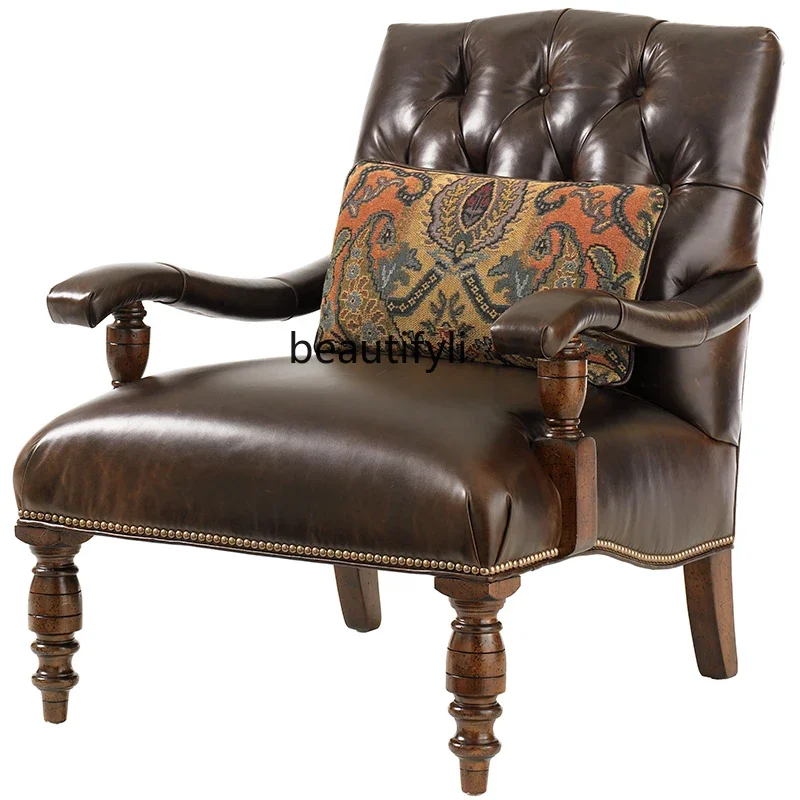 American country solid wood tiger chair leather single chair high-end living room sofa chair high back