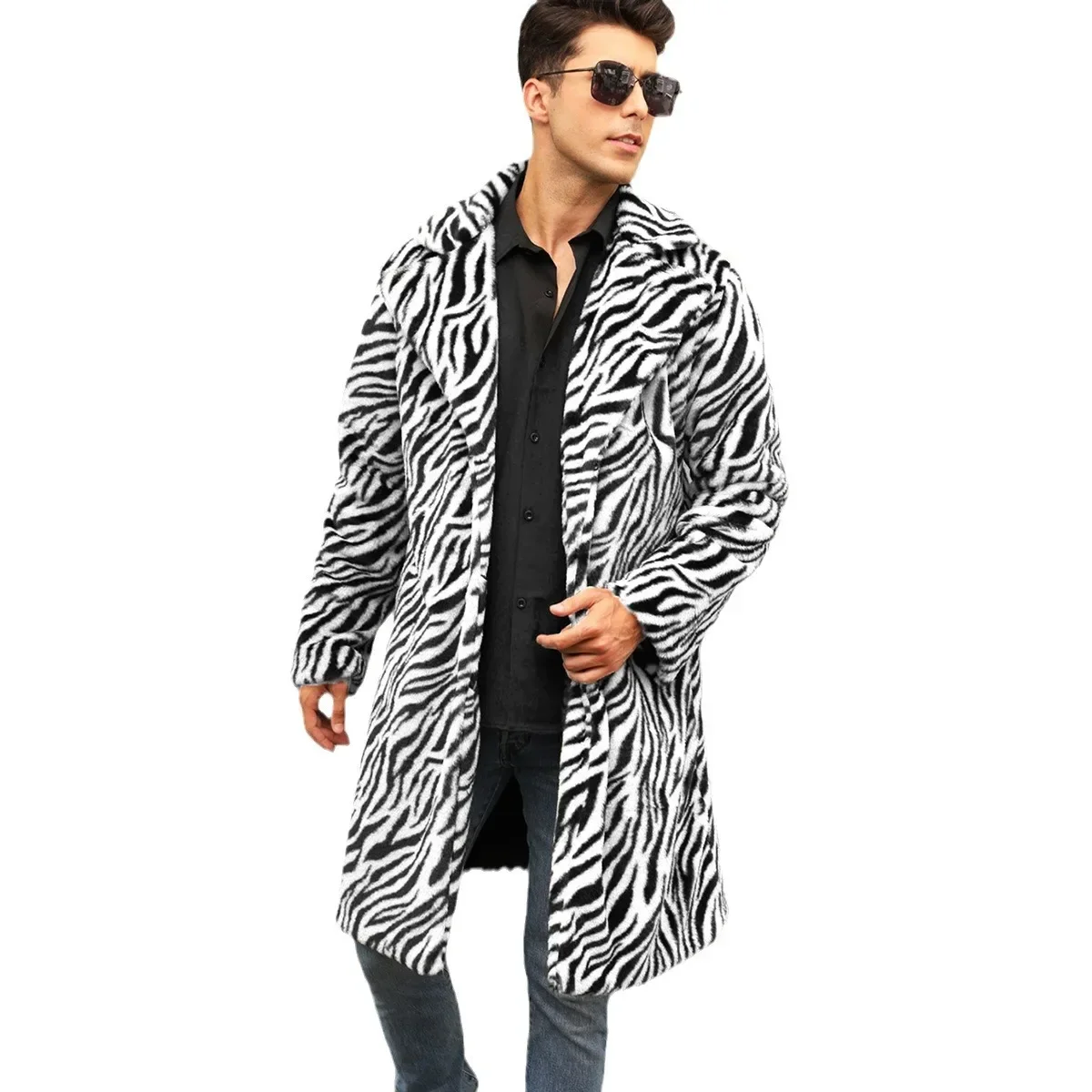 Men Faux Fur Jacket Coat Winter Fluffy Zebra-stripe Long Sleeve Warm Shaggy Outerwear Luxury Fur Long Jacket Bontjas Jackets Men