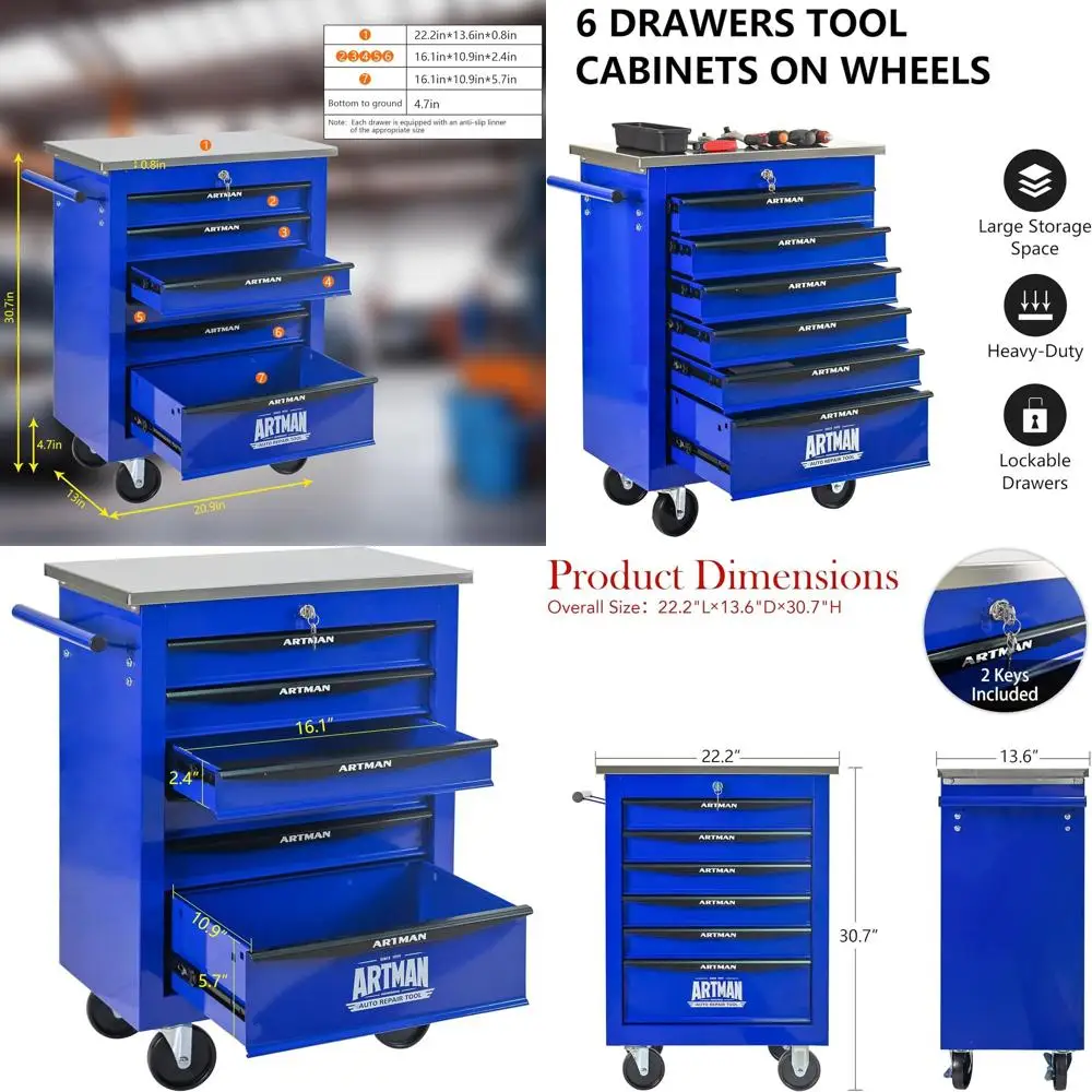 

Шкаф для инструментов на колесиках с 6 ящиками — стальной комод для хранения для гаража, мастерской, склада — черный и синий (1 комплект)