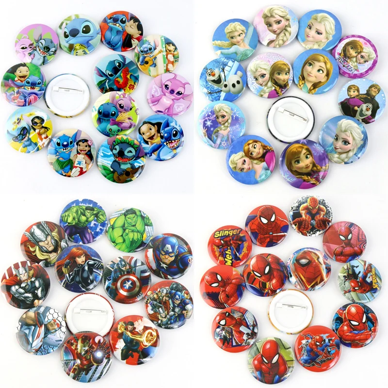 

Disney Lilo & Stitch Anime Figure Tinplate Metal Pin Badge Marvel Avengers Spider-Man Children's Toys Decoration Birthday Gifts