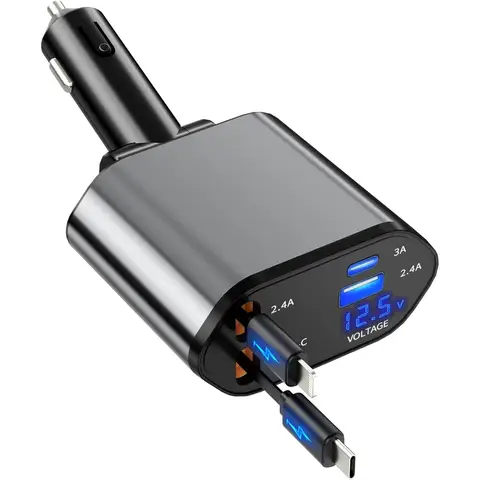 Retractable Car Charger with 4-in-1 Fast Charging, USB-C & USB-A Compatible for iPhone and Android Devices