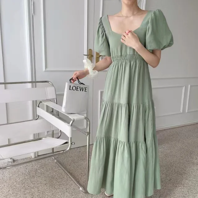 พัฟแขน Chic ฤดูร้อนชุดจีบยาวผู้หญิงแฟชั่นเกาหลีหลวมเสื้อผ้าฝ้ายผู้หญิงสุภาพสตรีชุด Vestidos