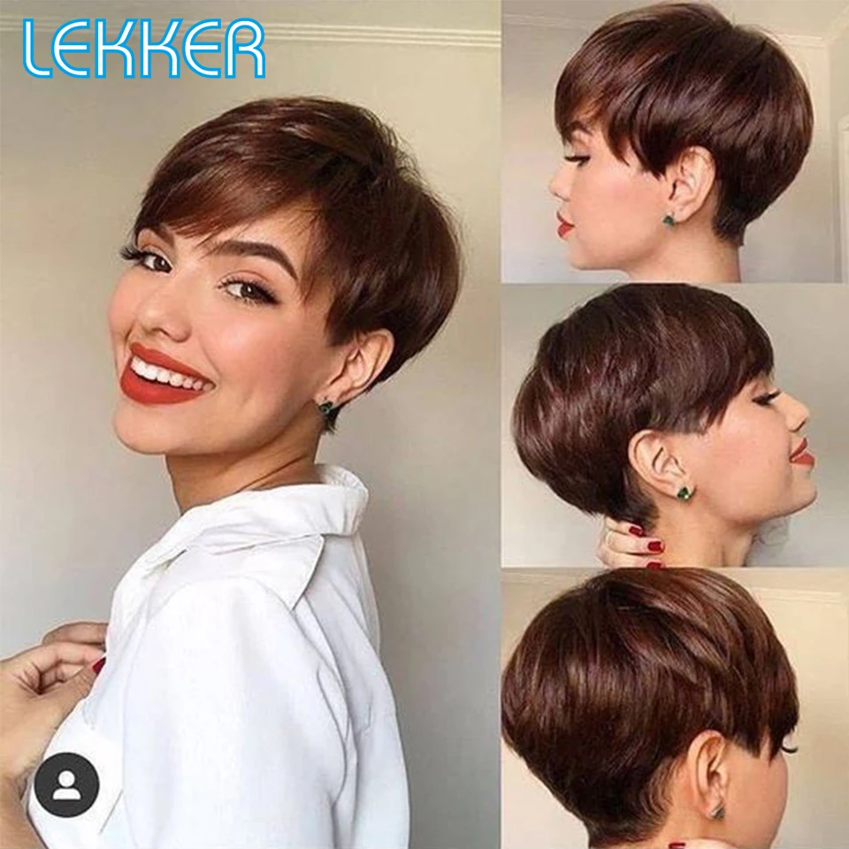 Lekker Gekleurde Korte Pixie Cut Rechte Bob 100% Menselijk Haar Pruiken Met Pony Voor Vrouwen Braziliaanse Remy Haar Bordeaux Rood Opruiming