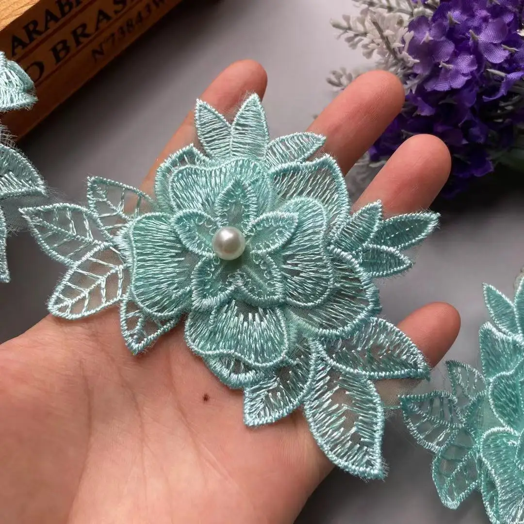 10Pcs/Lot Green Petal Flower Organza Embroidery Fabric Lace Patch Trim Clothes 3D Beading Flower Wedding Dress Diy Applique