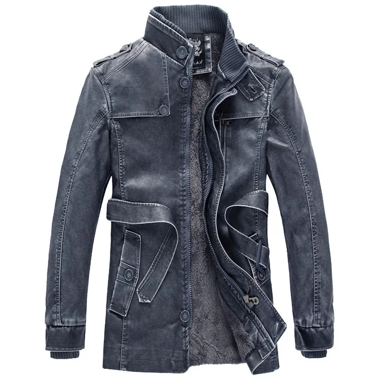 

Men's Fce Lined mid Length Biker Jaet Riding Leather Coat Tactical Faion Outerwear PU Skin Youthful Energy Sle
