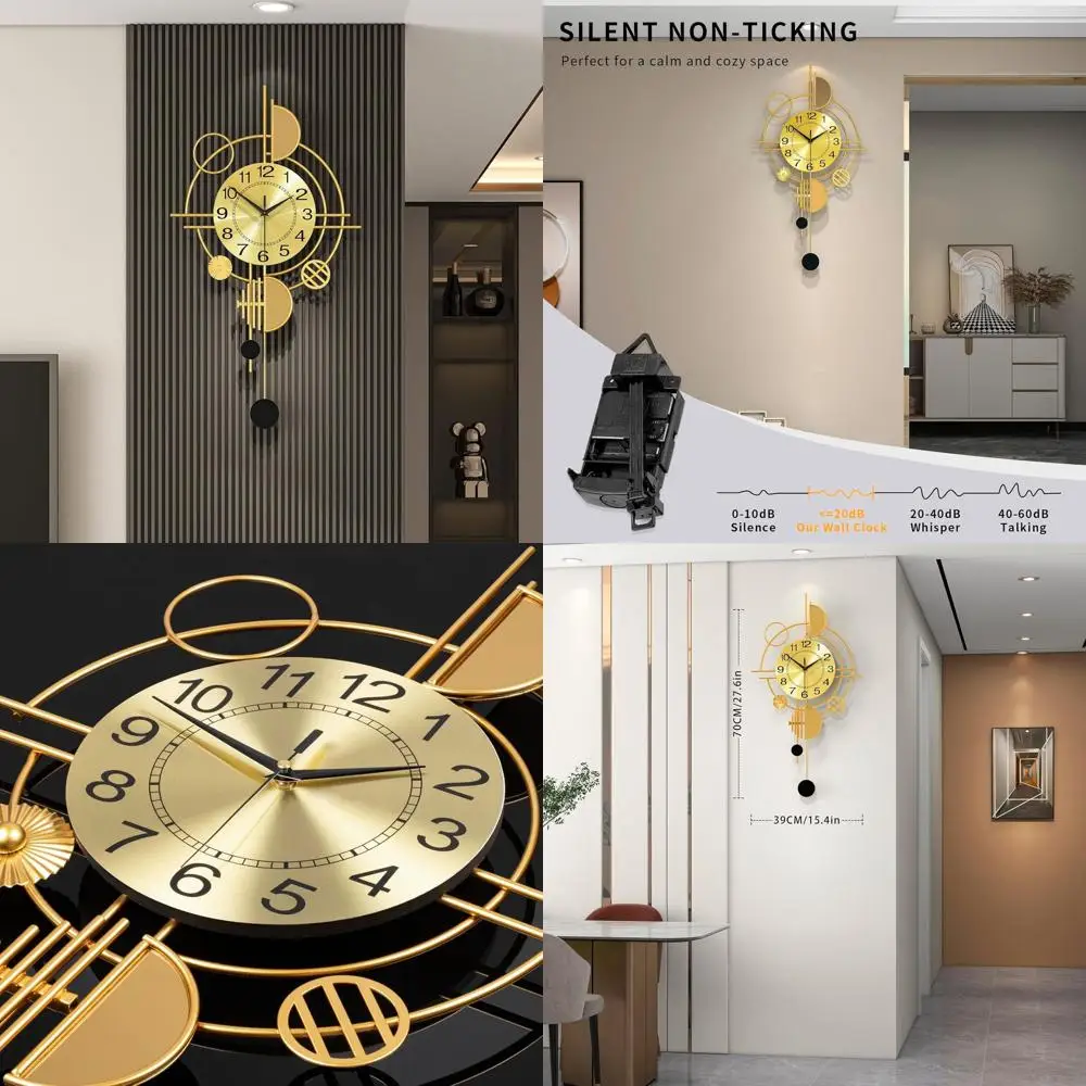 

15 Modern Gold Metal Pendulum Wall Clock, Silent Battery-Powered Luxury Decor for Home