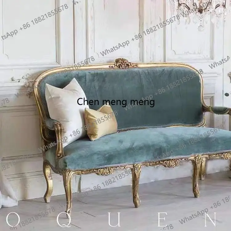 American retro solid wood carving flower British living room single sofa French villa balcony golden sofa view 3
