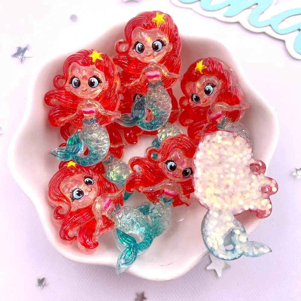Resin Colorful Cartoon Glitter Mermaid Princess Girl Flatback Christmas Figurines 10PCS Scrapbook DIY Bow Accessory Decor Crafts