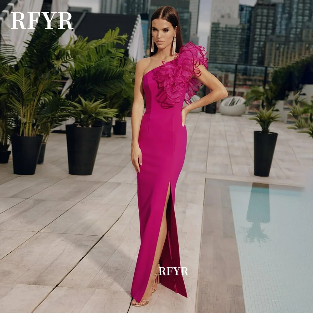 

RFYR One Shoulder Prom Dresses Ruffles Evening Dresses Crepe Long Party Dresses for Women Side Slit Customized vestidos fiesta