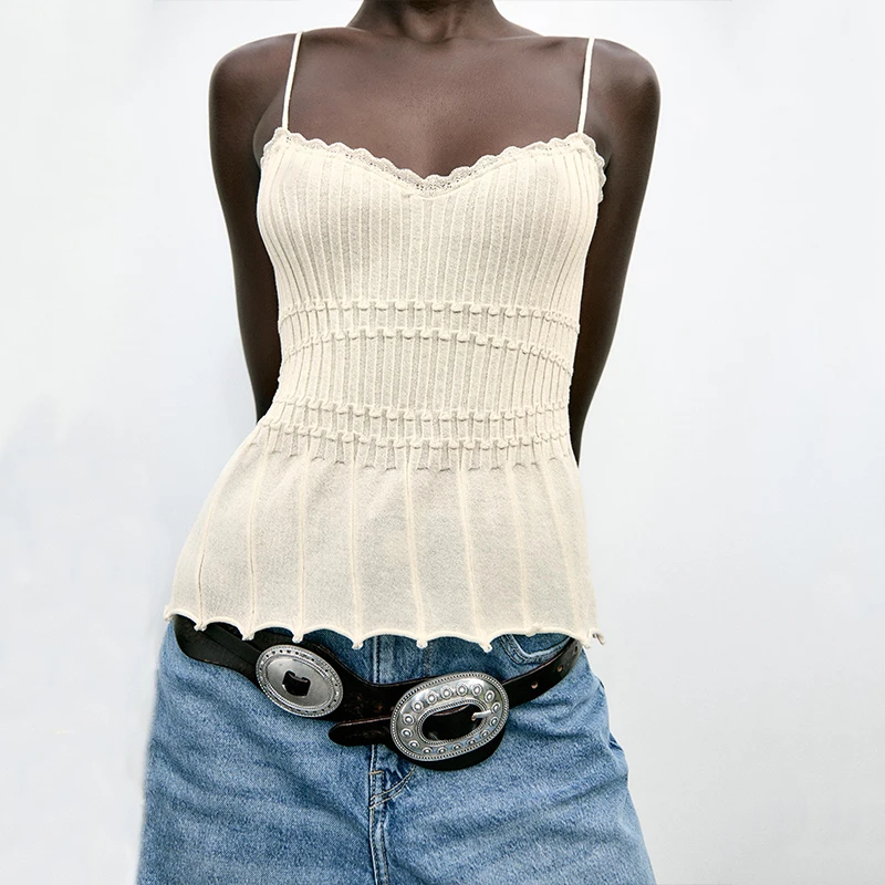 Letni, dzianinowy, prążkowany top damski na ramiączkach, oryginalny projekt, dopasowany krój, włókno poliestrowe, pojedynczy element, kolor