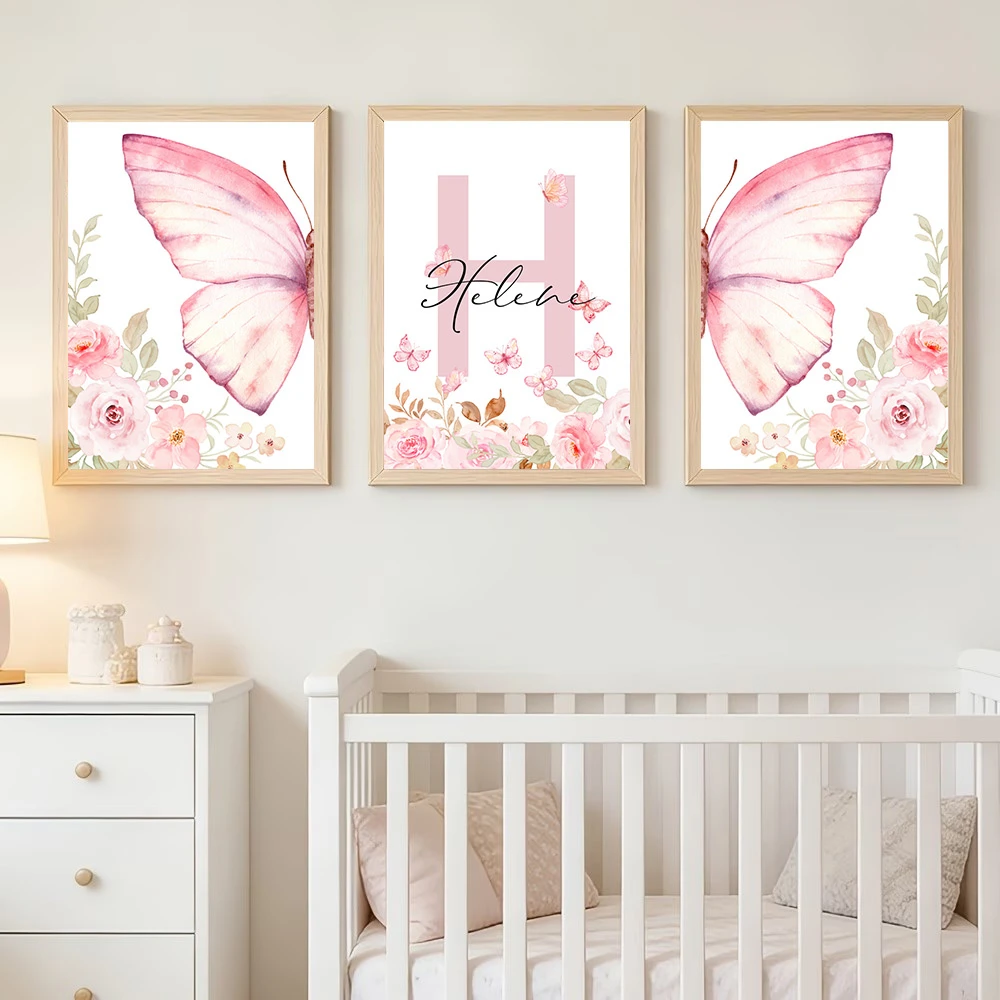 Cartoon Pink Butterfly Personalized Custom Name Canvas Painting Child Flowers Wall Art Poster Nursery Print Baby Girl Room Decor