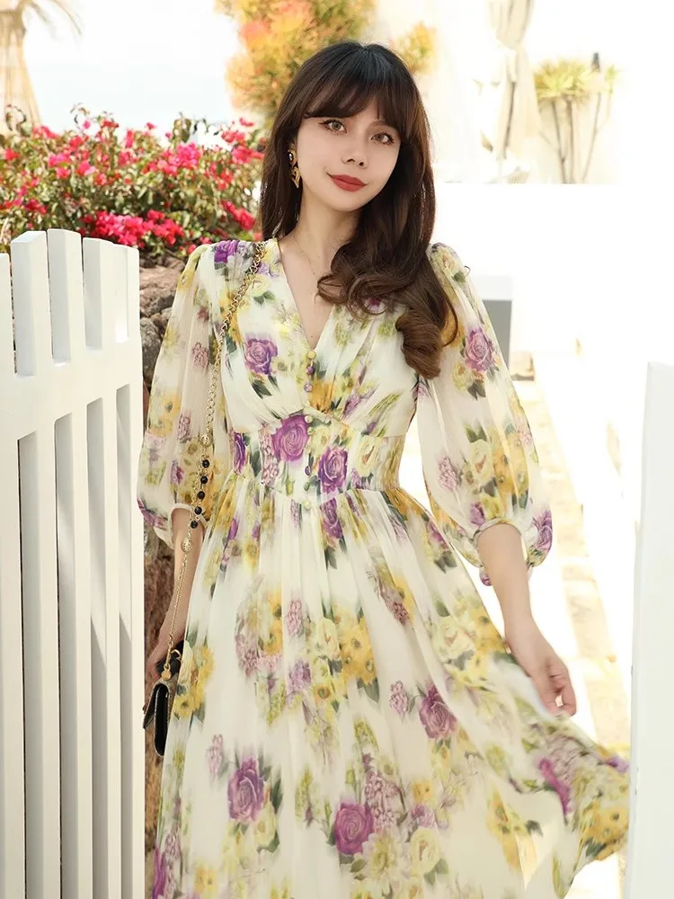 

88-96cm Bust Summer Bohemia Holiday Dresses For Women Vintage Elegant Slim Sexy V-Neck Print Ruffles Beach Casual Boho Dress