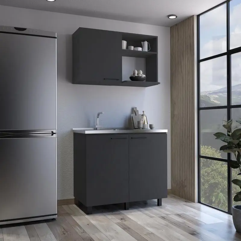 طقم مطبخ مكون من قطعتين: خزانة حائط وحوض أدوات بلمسة نهائية سوداء #3