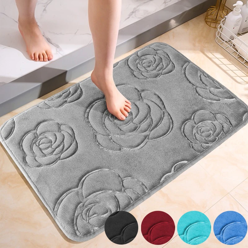 Bath Rugs Rose Flower Embossed Bathroom Bath Mat Flannel Non-slip Carpet In Bathtub Floor Rug Shower Room Doormat Memory Foam Pa