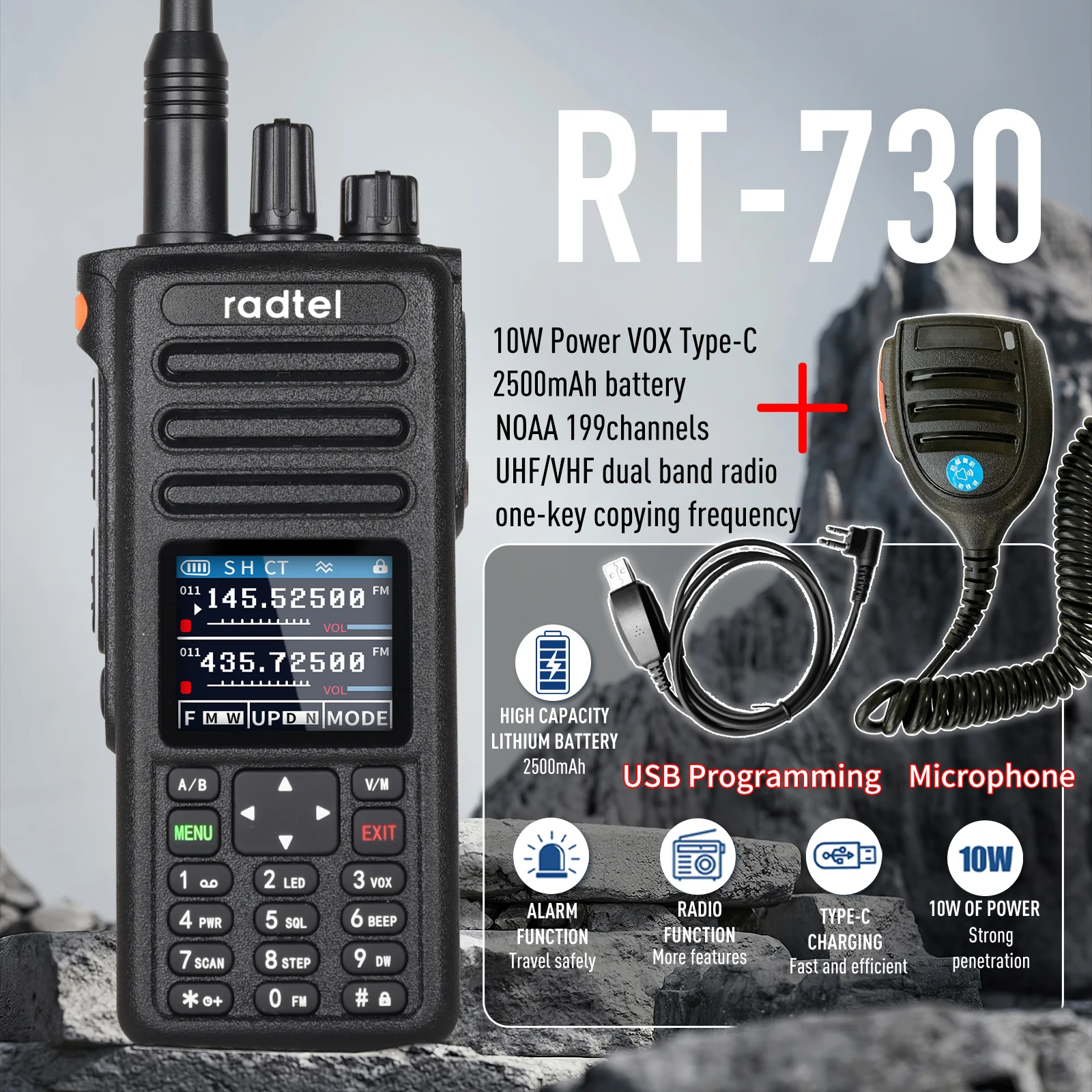 Radtel-walkie-talkie RT-730 de banda aérea, Radio Amateur de banda completa, batería de 199 canales HT USB-C, NOAA, FM, AM, UHF, VHF, Satcom, 10w