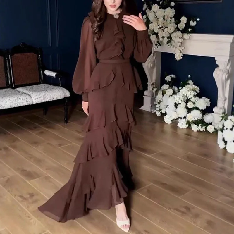 Mode dames herfstjurk met lange mouwen, elegante o-hals, gelaagde ruches, avondjurk, casual effen chiffon, onregelmatige maxi-jurken