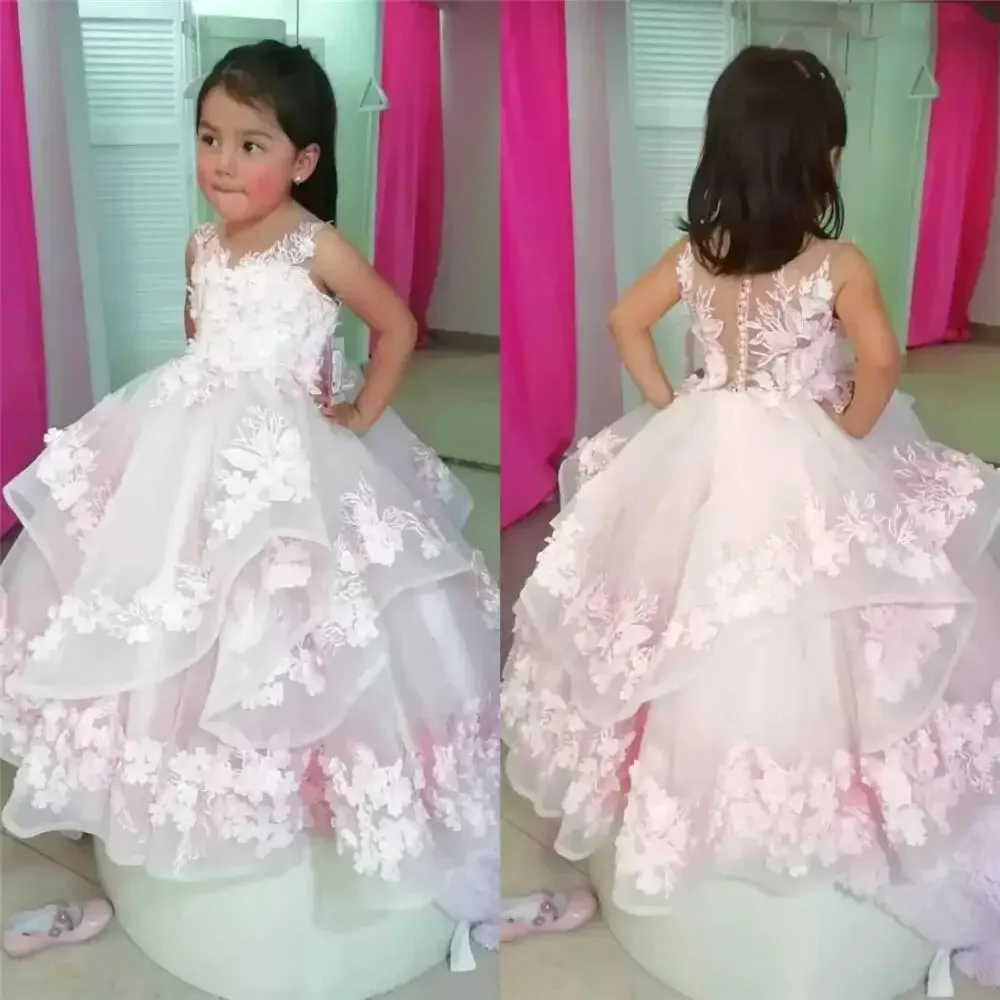 

Cute Pink Layered Skirt Flower Girl Dresses For Wedding Lace Applique Little Baby Pageant Communion Baptism Birthday Gown